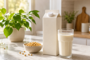 A glass of creamy soy milk next to a carton and a bowl of soybeans on a sunny kitchen counter.