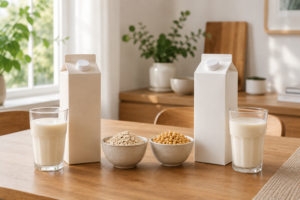 Two glasses of plant based milk side by side with bowls of raw oats and soybeans on a kitchen table.