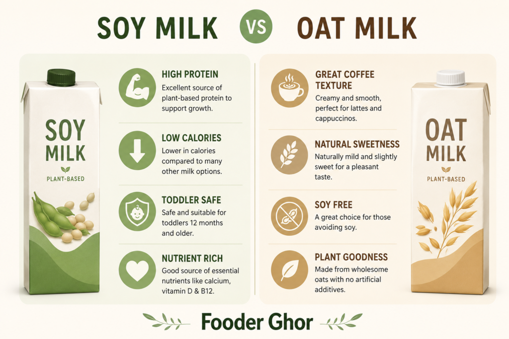 An educational comparison infographic detailing the nutritional differences between soy milk and oat milk by Fooder Ghor.