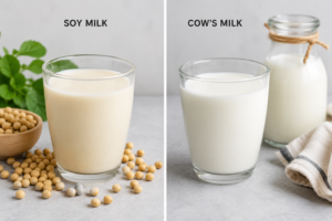 A side-by-side comparison of soy milk and cow's milk in clear glasses on a clean kitchen countertop.