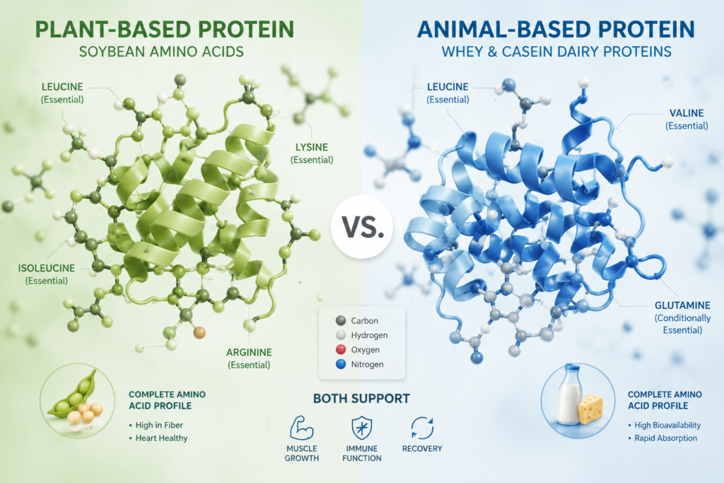 Scientific illustration comparing plant-based soy proteins with animal-based dairy proteins for muscle growth.