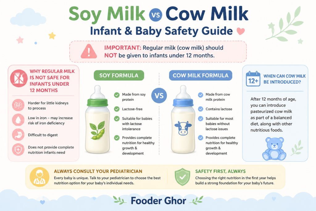 An infant nutrition safety infographic comparing cow milk formula and soy formula for babies, branded by Fooder Ghor.