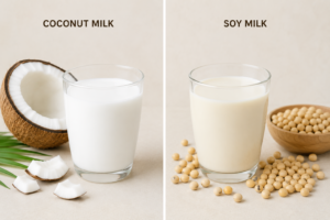 A side-by-side comparison of fresh coconut milk and smooth soy milk in glass cups on a clean kitchen counter.