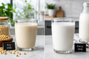 A comparative view of a glass of soy milk and a glass of whole milk on a kitchen counter.