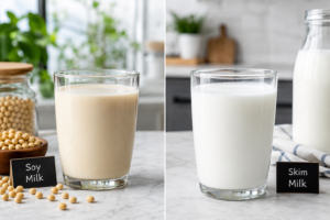 A comparative view of a glass of soy milk and a glass of skim milk on a kitchen counter.