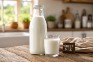 A fresh glass bottle and a cup of creamy white sheep milk on a kitchen table.