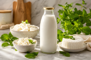 A premium glass bottle of fresh sheep milk alongside artisanal dairy products on a clean countertop.