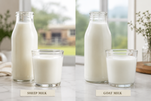 A side-by-side comparison of fresh sheep milk and goat milk in glass cups on a kitchen table.