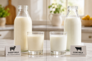 A comparative display of fresh sheep milk and traditional cow milk in glass cups on a kitchen counter.