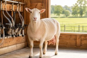 An East Friesian dairy sheep standing in a clean barn milking parlor.