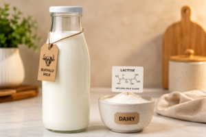 A glass bottle of fresh buffalo milk on a kitchen counter with clean nutritional labels.