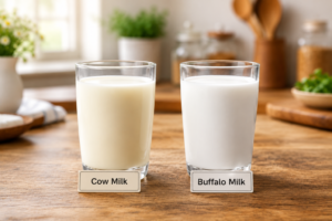 Side by side comparison of fresh cow milk and pure white buffalo milk in glass cups.