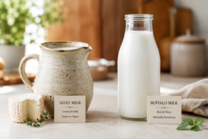 Side by side comparison of fresh goat milk and thick white buffalo milk on a kitchen table.