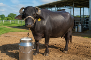 A healthy water buffalo standing next to a fresh metal pail of milk on a clean dairy farm pasture.