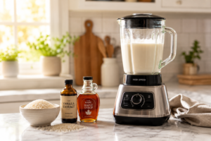 A kitchen blender making fresh homemade rice milk next to ingredients like raw rice and vanilla.