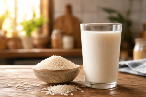 A glass of fresh white rice milk on a kitchen table next to a bowl of raw rice.