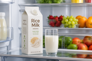An opened carton and a glass of rice milk stored properly inside a refrigerator.
