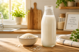 A glass bottle of dairy-free rice milk next to a bowl of raw grains on a sunlit kitchen counter.