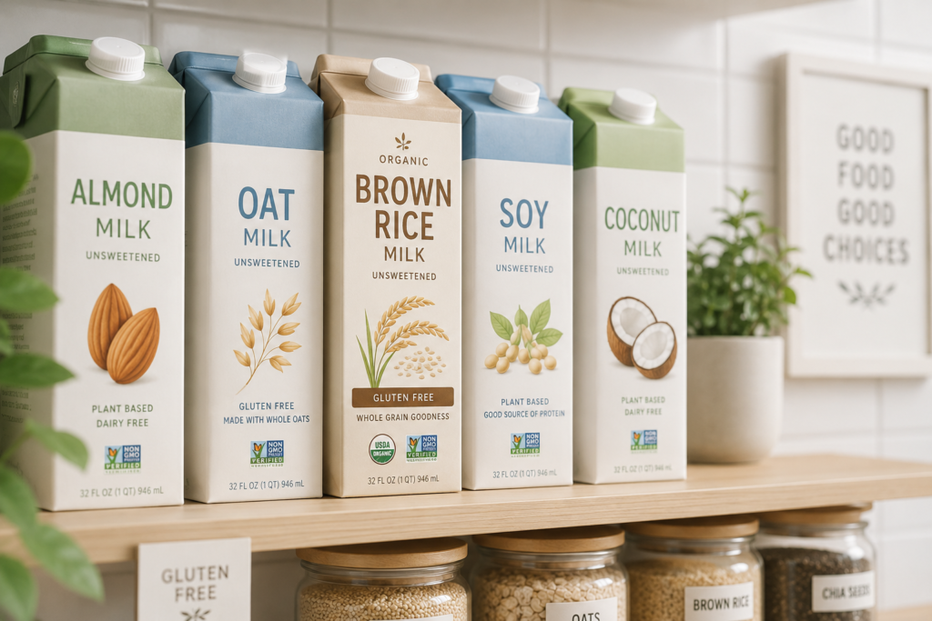 Sealed cartons of organic brown rice milk stored safely on a clean kitchen pantry shelf.