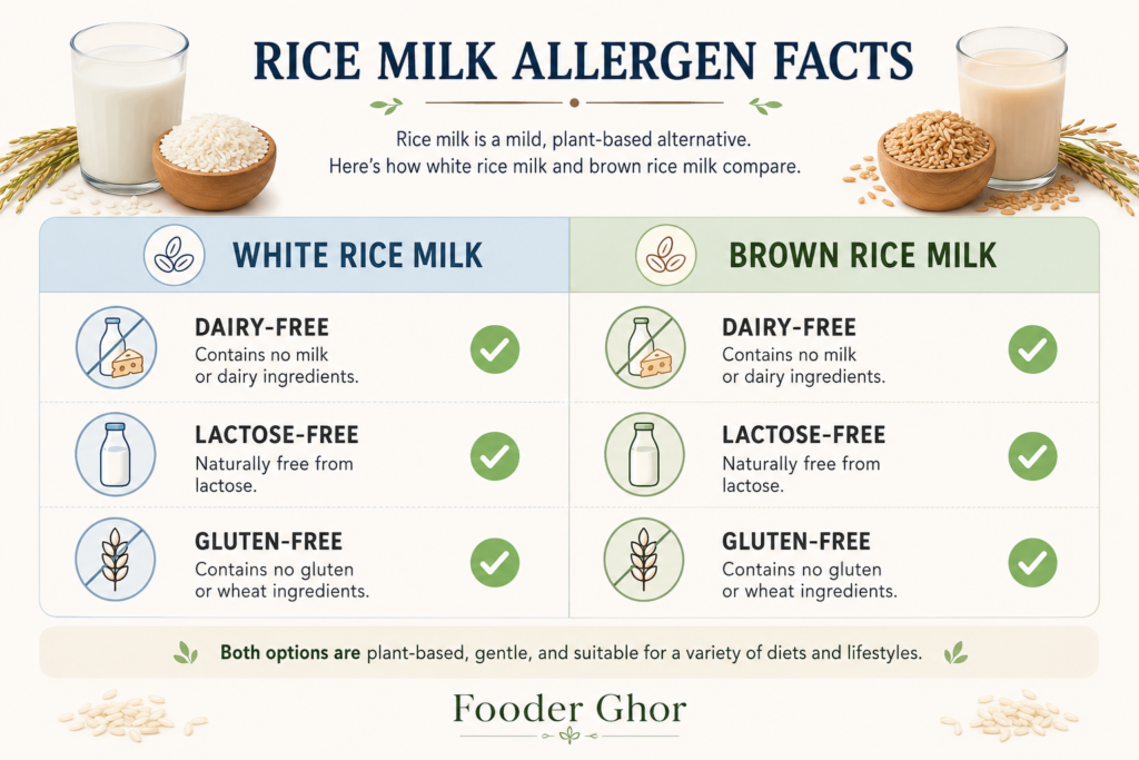 An educational infographic chart by Fooder Ghor showing that rice milk is dairy-free, lactose-free, and gluten-free.