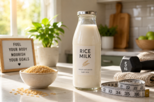 A bottle of rice milk with a measuring tape on a kitchen counter for weight loss concept.