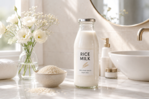 A bottle of rice milk for natural skincare routine setup.