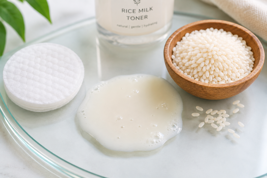 Texture of the Beauty of Joseon rice milk toner with raw rice grains.