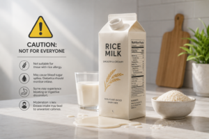 A carton of rice milk on a kitchen counter focusing on health facts.