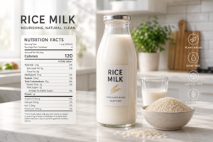 Rice milk nutrition label guide on a kitchen counter.