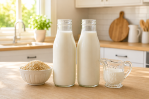 A professional cover photo showing a bottle of rice milk next to a bottle of traditional cow milk with raw grains on a bright kitchen table.