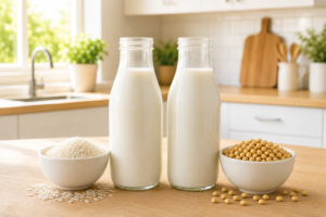 A professional cover photo showing a bottle of rice milk next to a bottle of traditional soy milk with raw grains on a bright kitchen table.