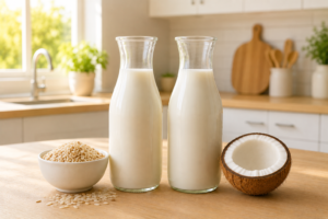 A professional cover photo showing a carafe of rice milk next to a carafe of coconut milk with raw grains and a cracked coconut on a bright kitchen table.