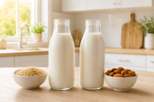 A premium featured cover image showing a bottle of rice milk with rice grains next to a bottle of almond milk with raw almonds on a sunny kitchen table.