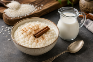 A professional cover photo of creamy sweet rice pudding with cinnamon in a ceramic bowl next to a fresh milk pitcher on a kitchen counter.