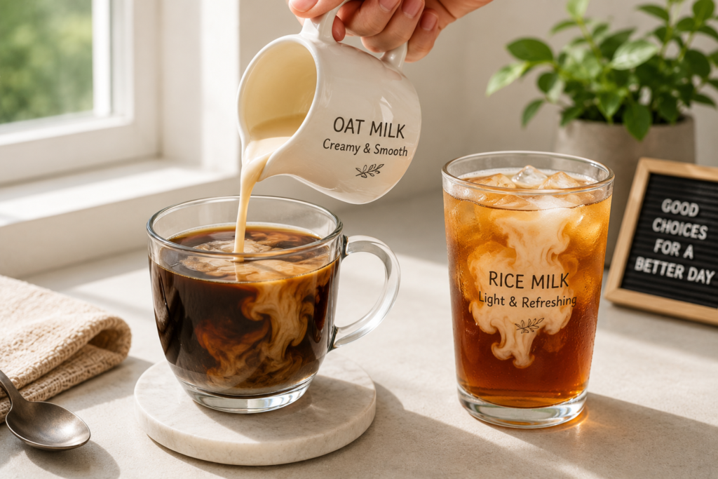Creamy oat milk being poured into hot morning coffee next to an iced tea blended with light rice milk.