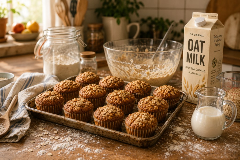 Freshly baked oatmeal muffins on a kitchen counter surrounded by ingredients and plant milk cartons.