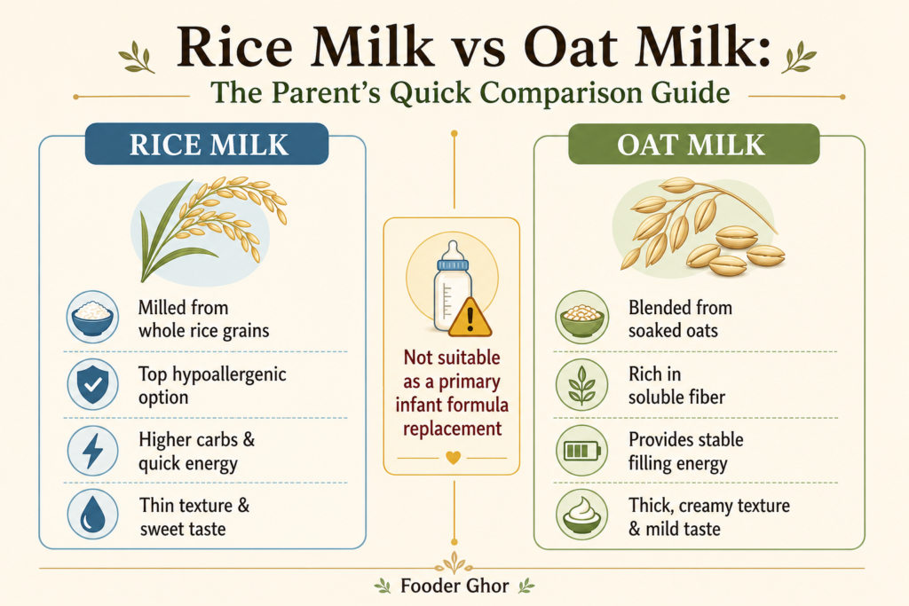 A detailed grain milk comparison infographic by Fooder Ghor breaking down the nutritional, textural, and safety traits of rice milk versus oat milk.
