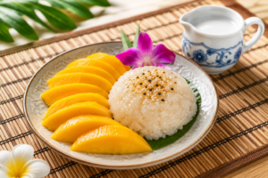 A professional cover photo of authentic Thai mango sticky rice with sweet coconut milk cream and toasted sesame seeds on a bamboo mat.