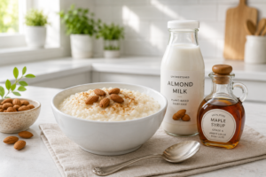 A professional cover photo of low-calorie almond milk sweet rice pudding topped with cinnamon and almonds on a bright kitchen counter.