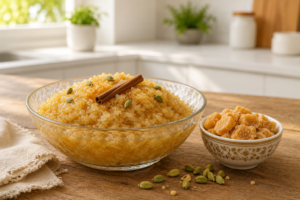 A professional cover photo of a clear glass bowl holding glistening, milk-free sweet rice with sugar syrup and whole cardamoms on a wooden table.