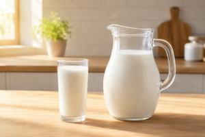 A fresh glass pitcher and a clear cup of bright white camel milk on a clean kitchen table.