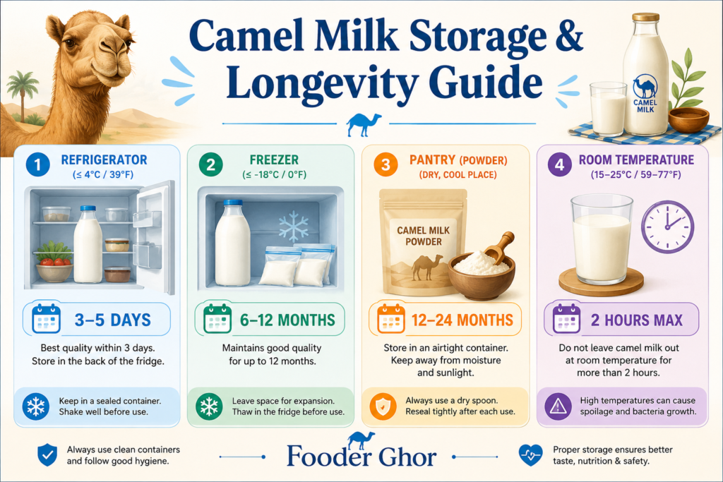 Fooder Ghor infographic chart showing the exact shelf life and temperature rules for camel milk.