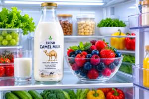 A fresh glass bottle of camel milk stored correctly on a clean refrigerator shelf.