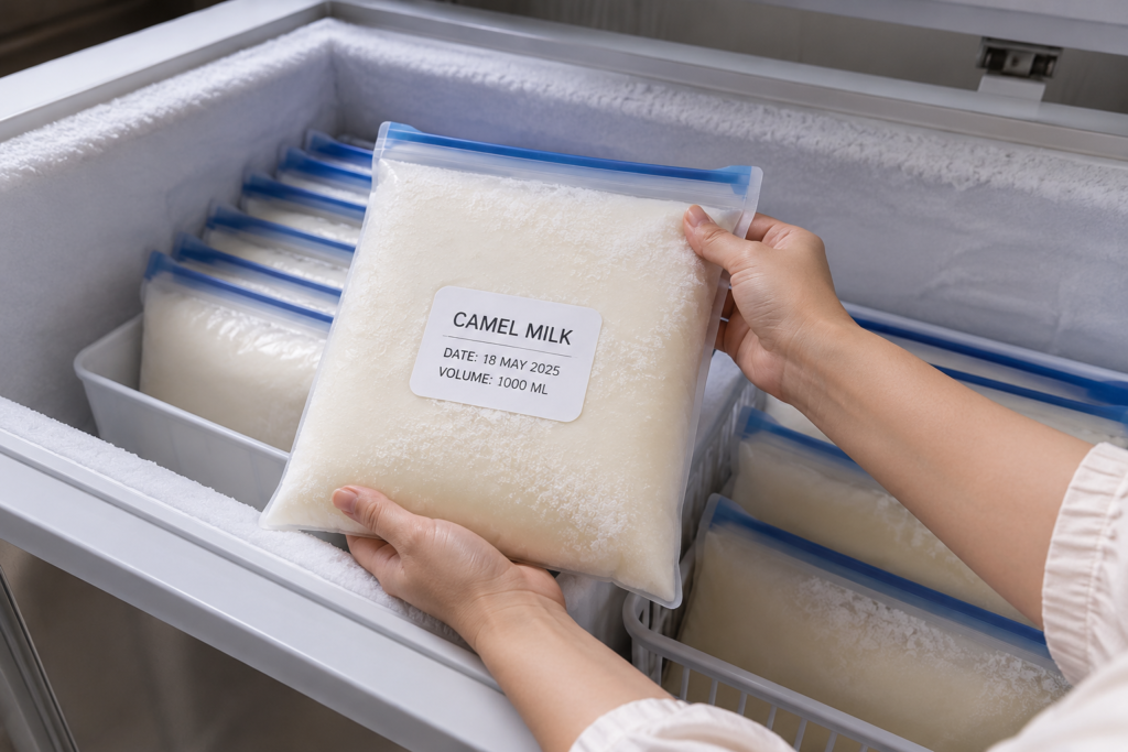 Freezing camel milk safely inside a specialized freezer container for long term storage.