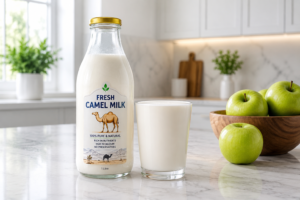 A fresh glass and bottle of healthy camel milk sitting on a clean kitchen counter.