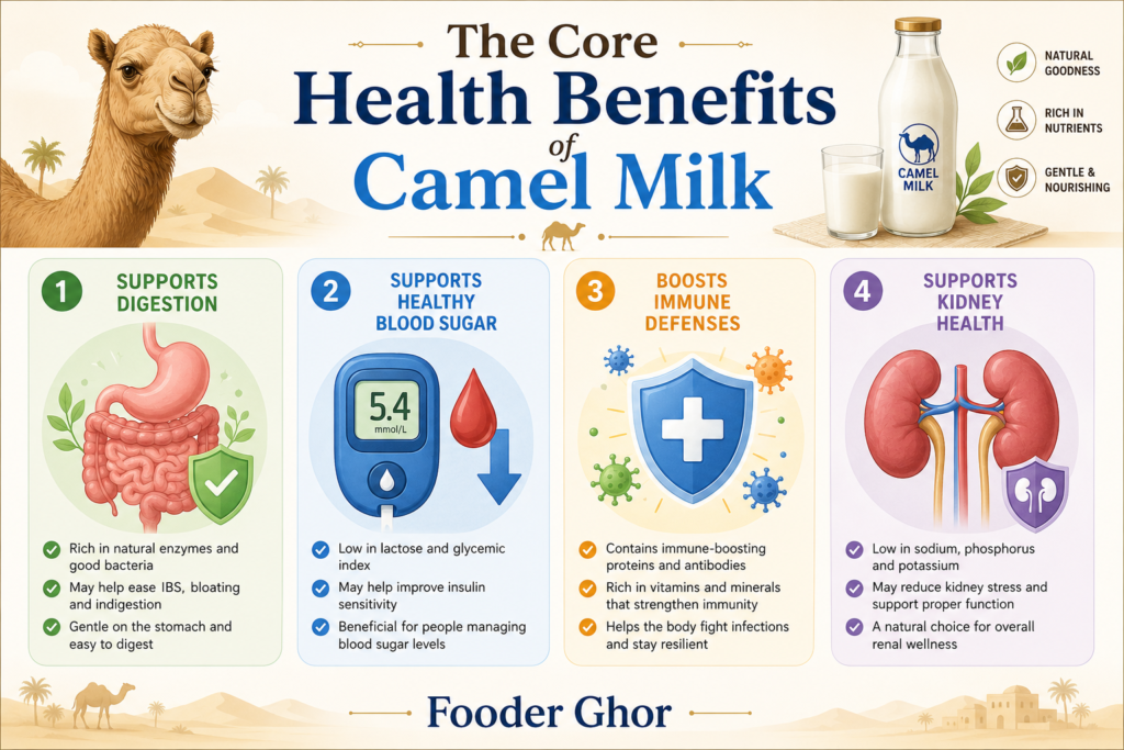 Fooder Ghor infographic chart highlighting the medical advantages and systemic benefits of camel milk.