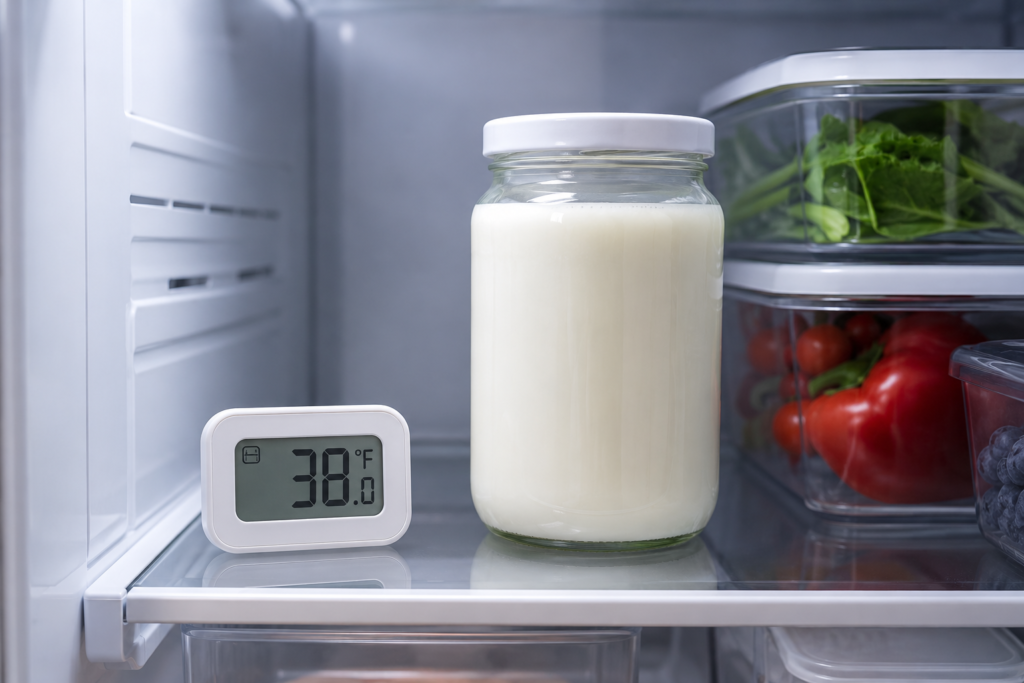 Storing premium milk correctly inside a controlled refrigerator environment to prevent early spoilage.