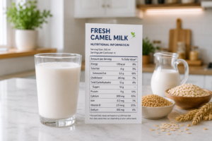 A fresh glass of nutritious camel milk next to a clean nutrition facts document on a kitchen table.