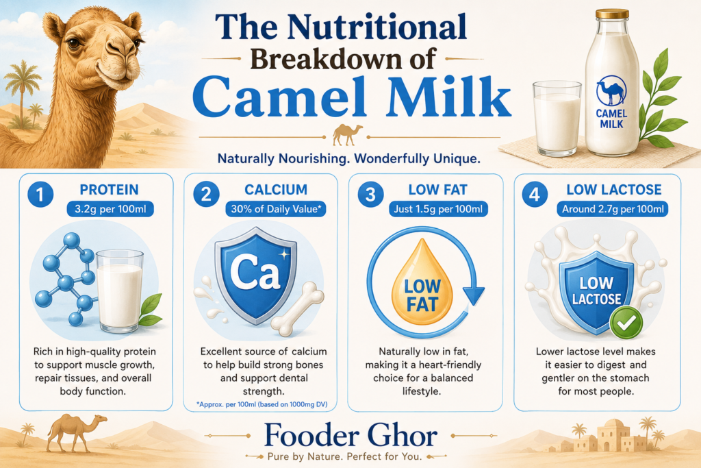Fooder Ghor comprehensive master nutrition infographic chart for camel milk.