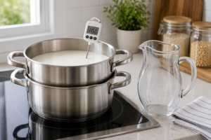 Heating raw camel milk safely inside a double boiler pan on a home stove.